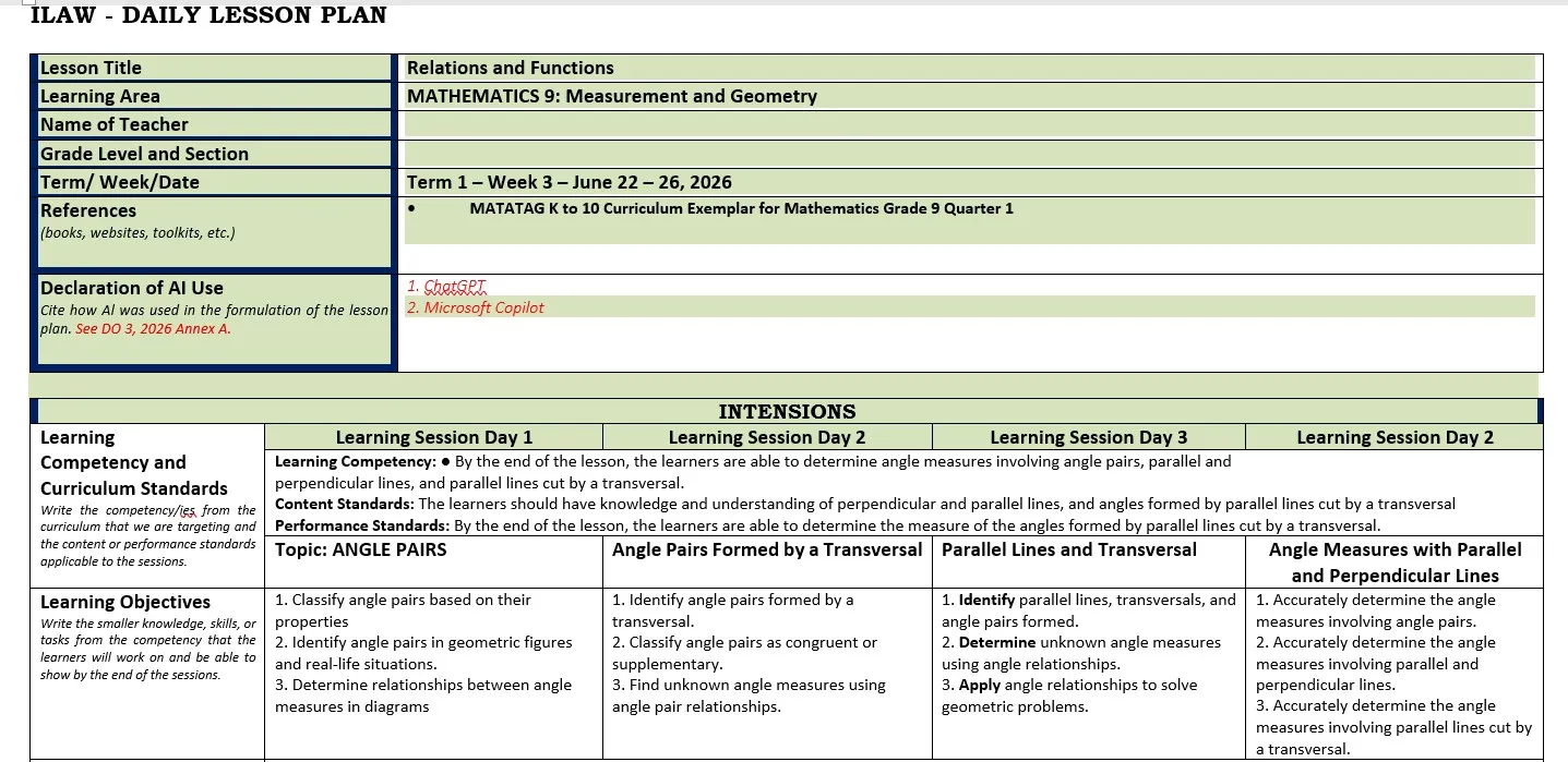 Preview 2 of MATH 9 WEEK 2 ILAW FORMAT DAILY LESSON with worksheet